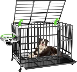 43" Heavy Duty Dog Crate with Unique Air Lift Rod/Wheels/ 360�� & Adjustable 2 Bowls, Extra Medium Dog Crate