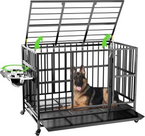 48" Heavy Duty Dog Crate with Wheels/Unique Air Lift Rod / 360�� & Adjustable 2 Bowls/Removable Dog Cage