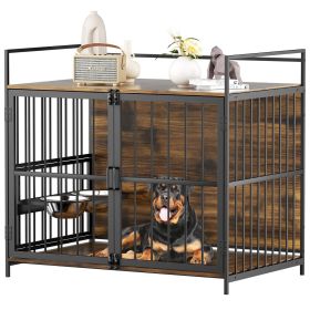 Furniture Style Large Dog Crate with 360�� & Adjustable Raised Feeder for Dogs 48"