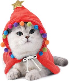 Pet Christmas Costume Puppy Xmas Cape with Stars and Pompoms Cat Santa Cloak (Color: Red, size: S)